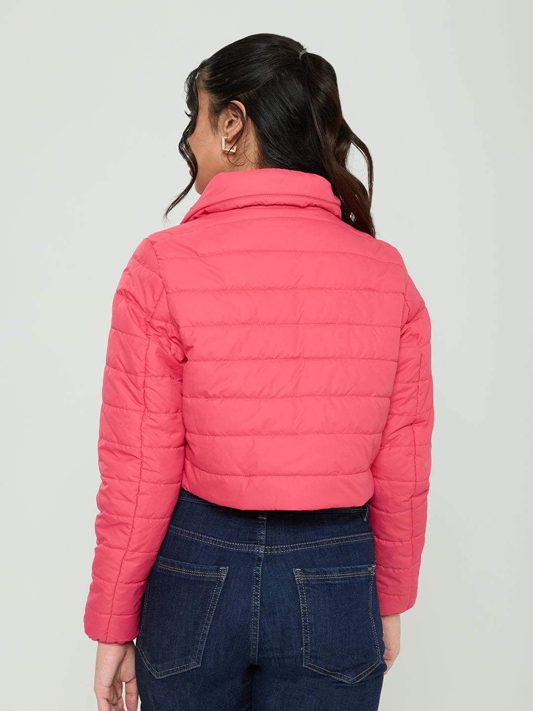 Women Pink Solid Collar Full Sleeve Puffer Crop Jacket