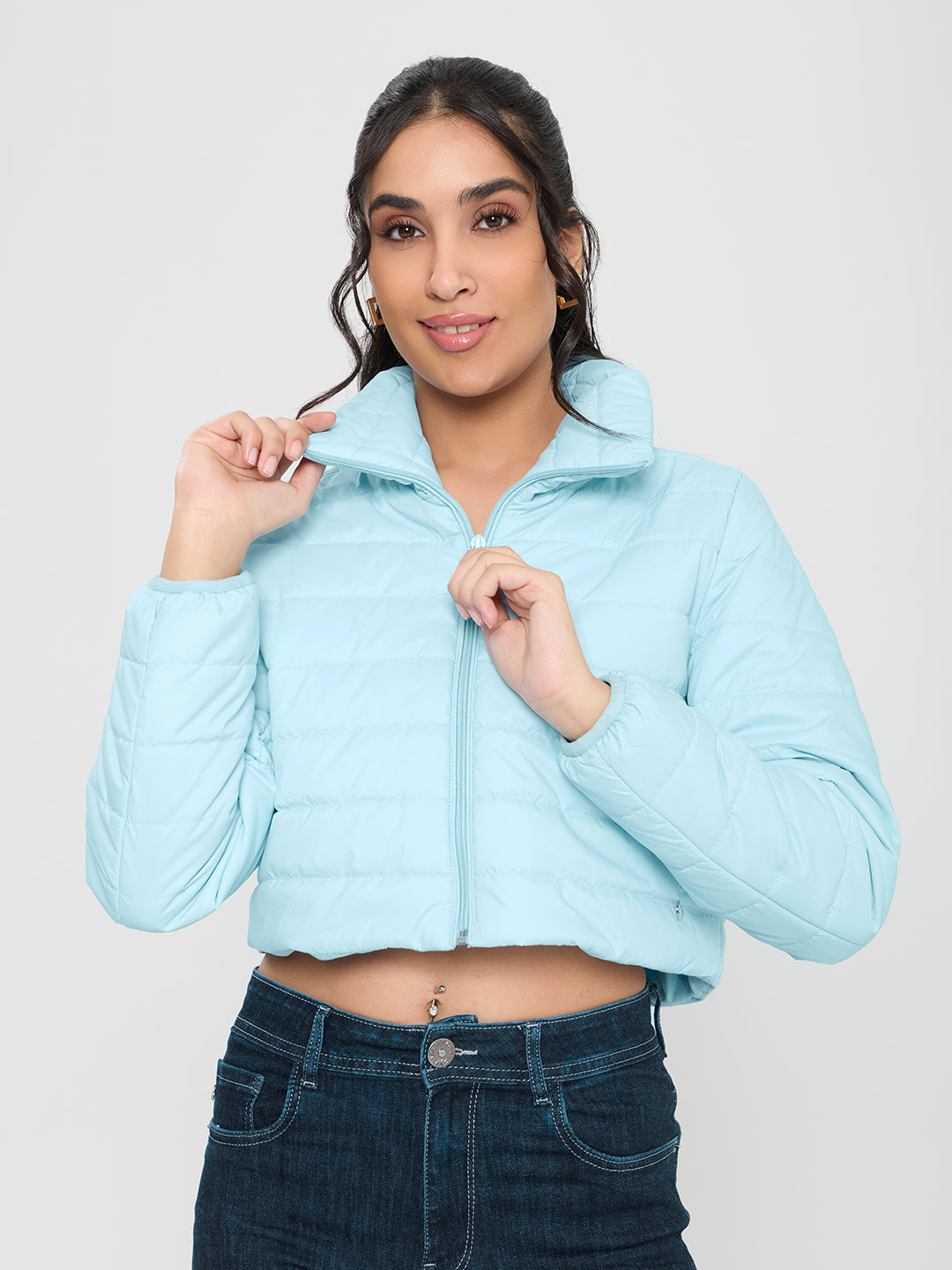 Women Sky Blue Solid Collar Full Sleeve Puffer Crop Jacket