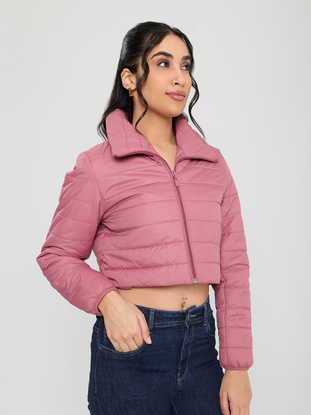 Women Mauve Solid Collar Full Sleeve Puffer Crop Jacket