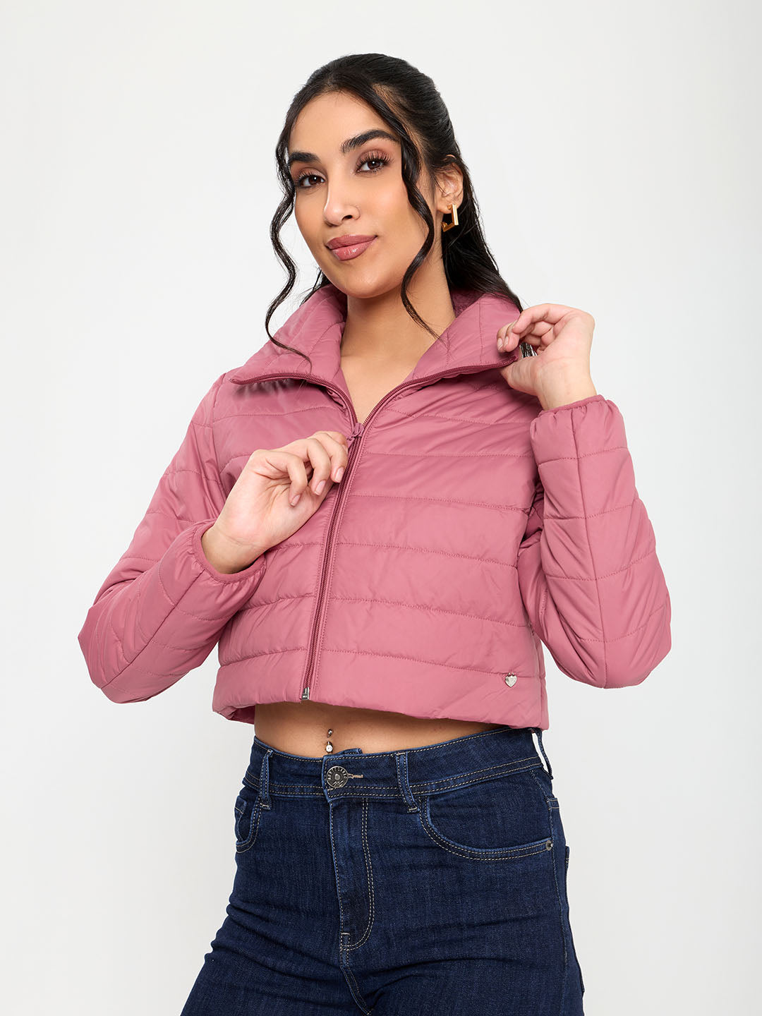 Women Mauve Solid Collar Full Sleeve Puffer Crop Jacket