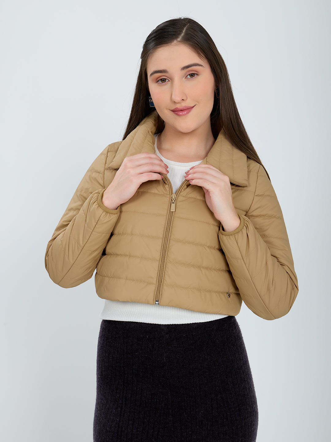 Women Beige Solid Collar Full Sleeve Puffer Jacket