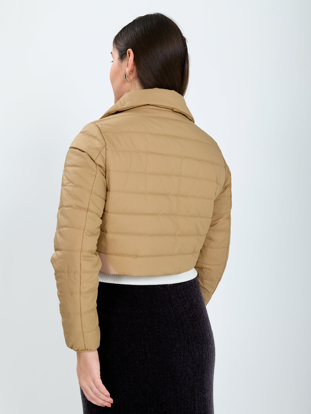 Women Beige Solid Collar Full Sleeve Puffer Jacket