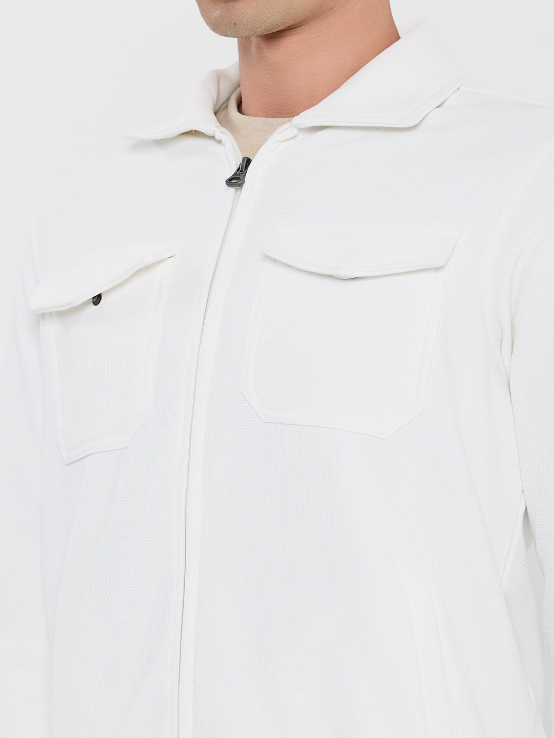 Men White Solid Collar Full Sleeve Sweatshirt