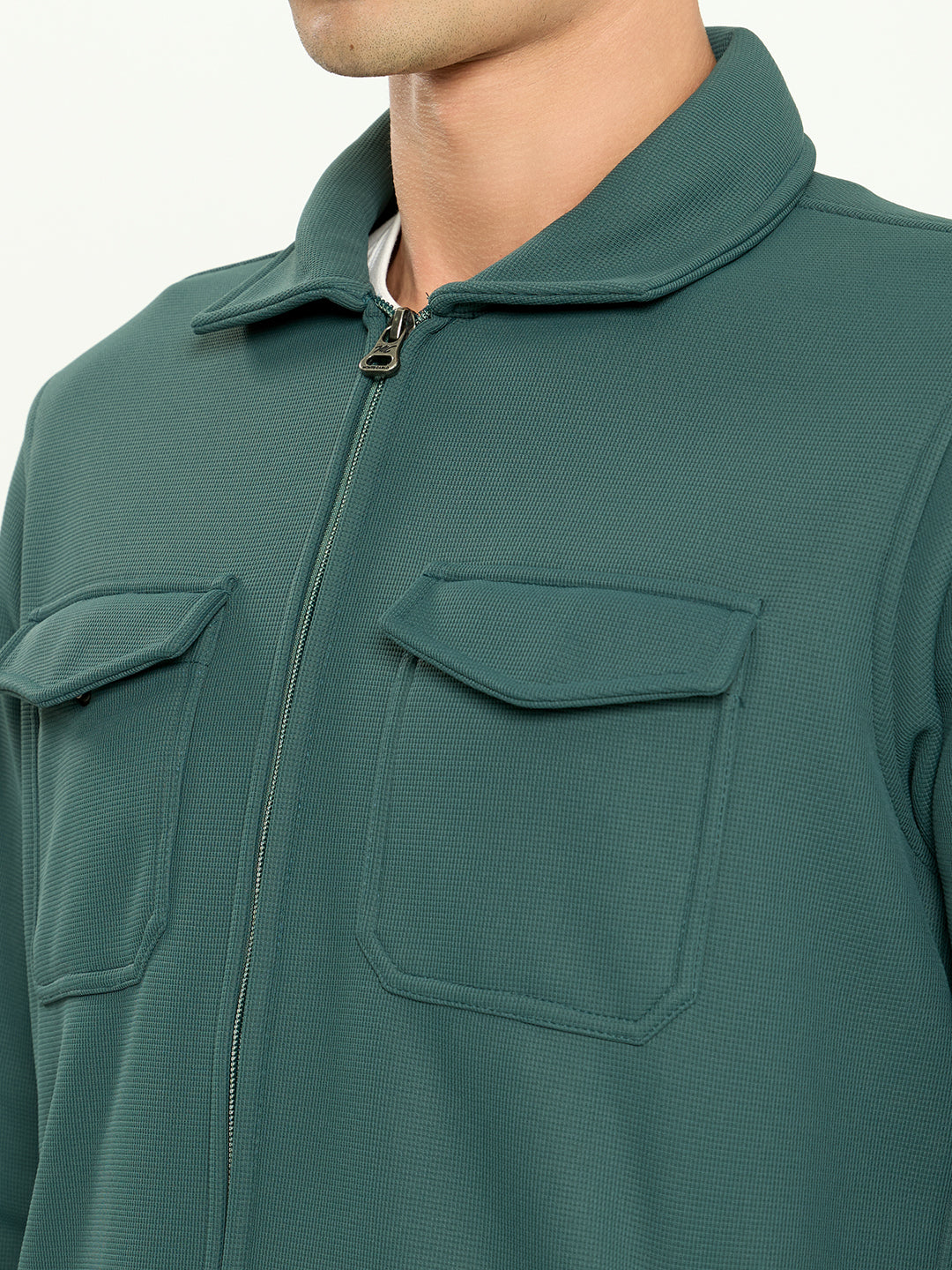 Men Green Solid Collar Full Sleeve Sweatshirt