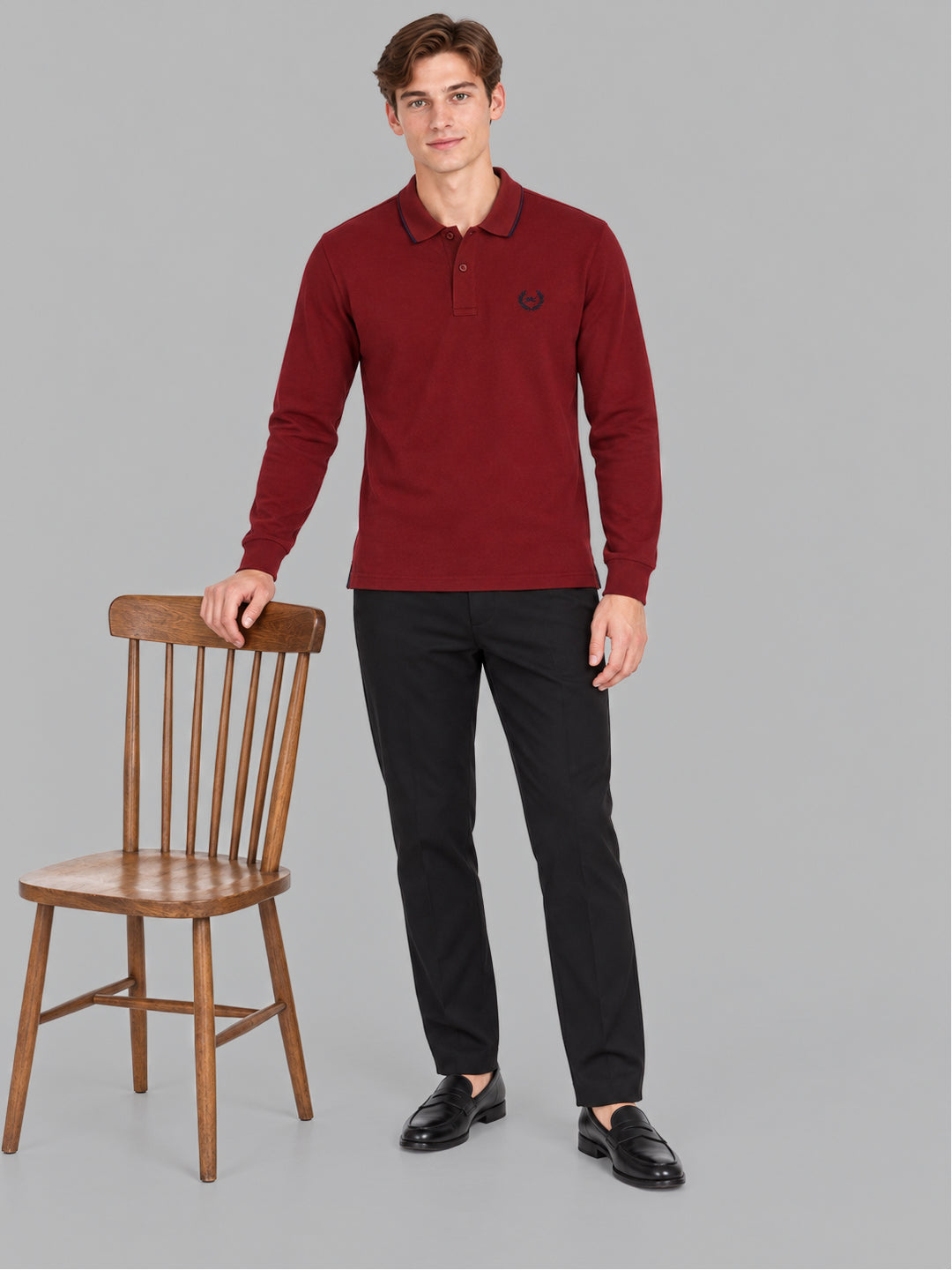 Men Maroon Solid Polo Collar Full Sleeve Winter T-Shirt