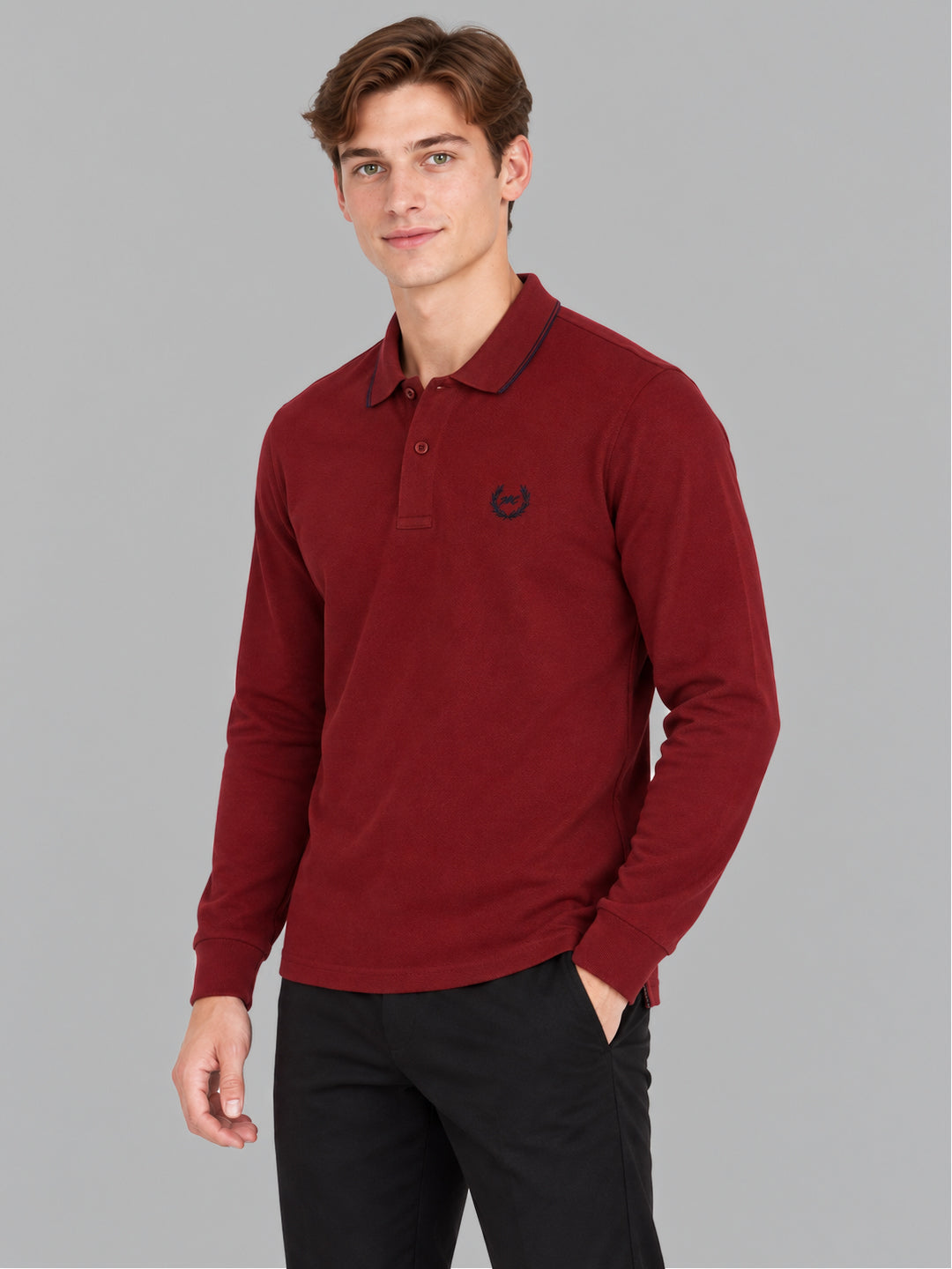Men Maroon Solid Polo Collar Full Sleeve Winter T-Shirt