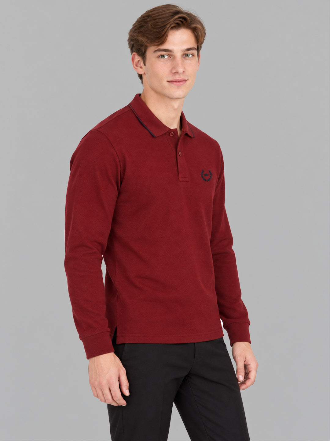 Men Maroon Solid Polo Collar Full Sleeve Winter T-Shirt