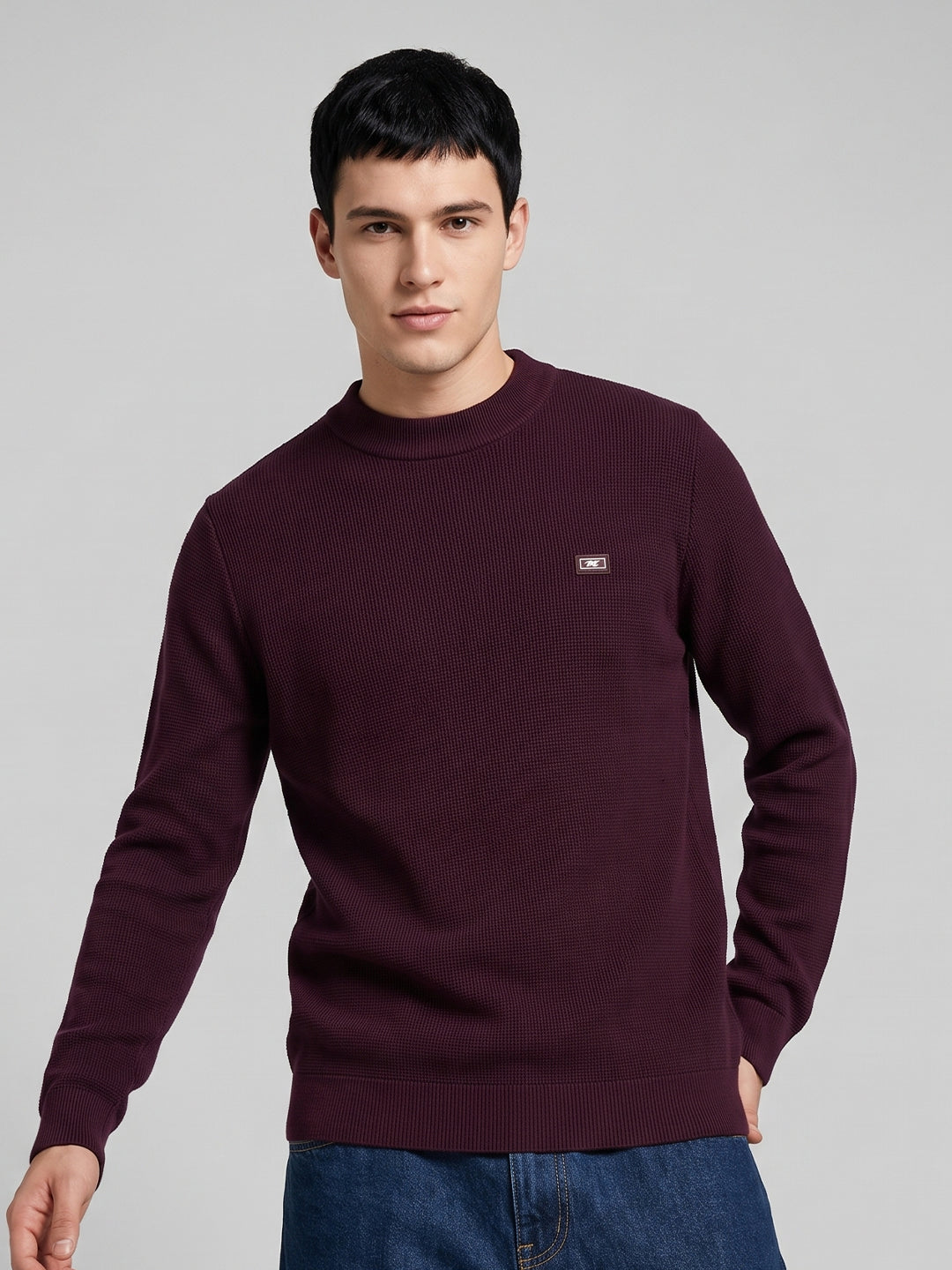 Men Maroon Solid High Neck Full Sleeve Winter T-Shirt