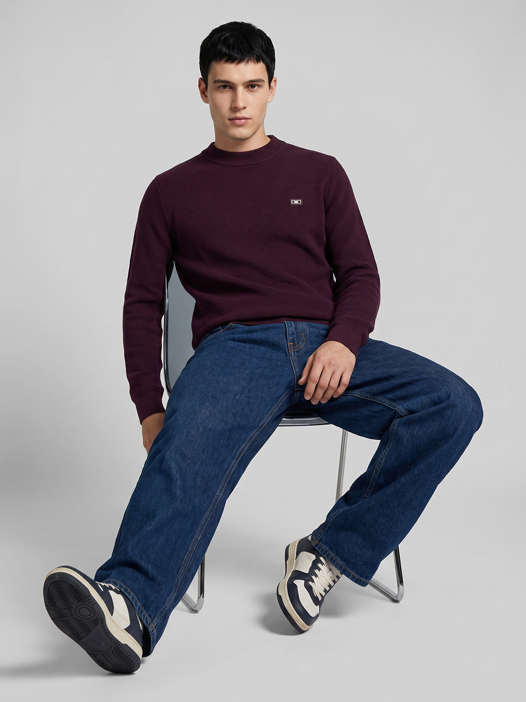 Men Maroon Solid High Neck Full Sleeve Winter T-Shirt