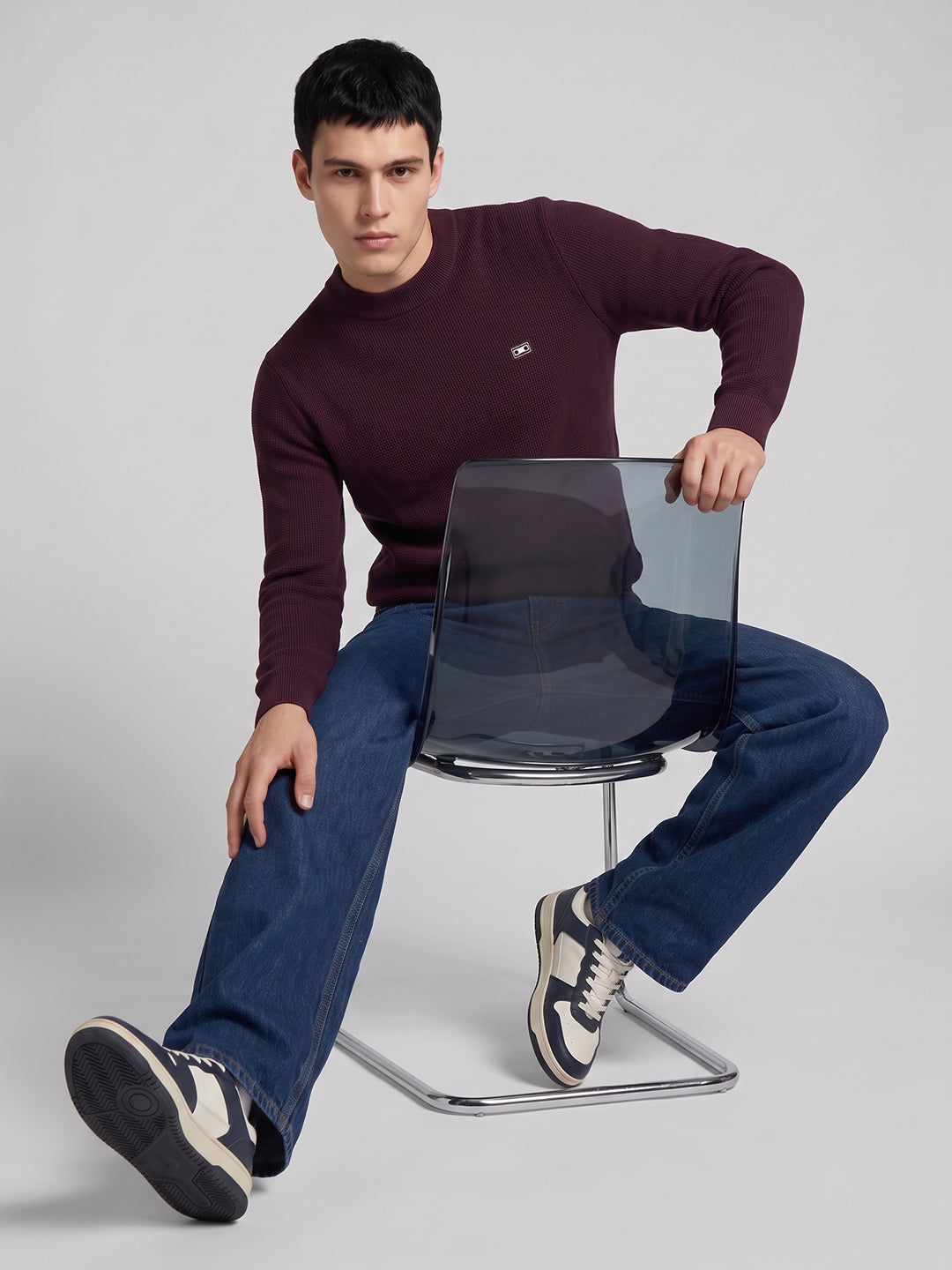 Men Maroon Solid High Neck Full Sleeve Winter T-Shirt