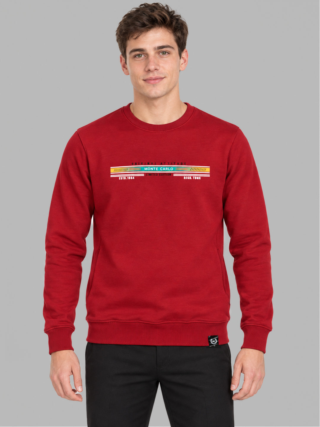 Men Red Solid Round Neck Full Sleeve Sweatshirt