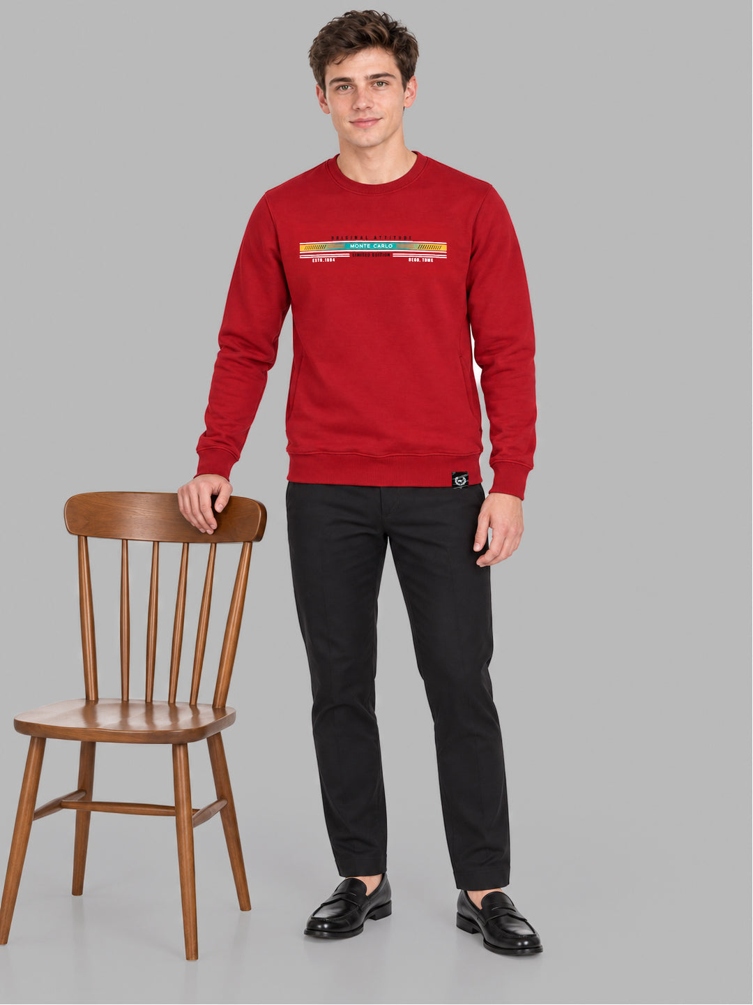 Men Red Solid Round Neck Full Sleeve Sweatshirt