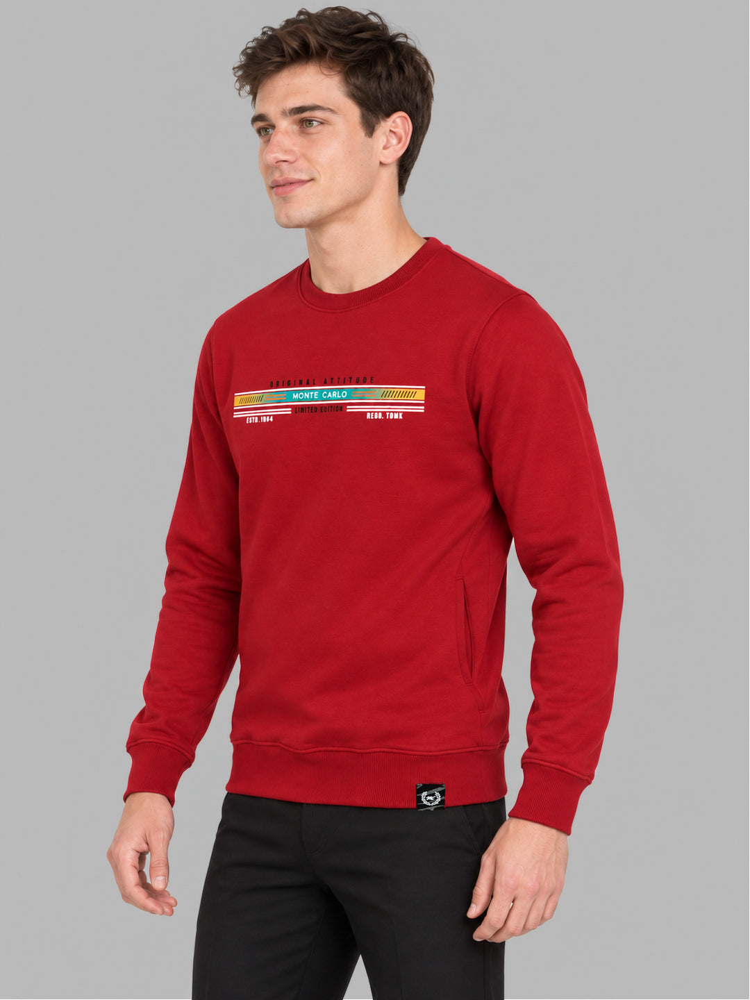 Men Red Solid Round Neck Full Sleeve Sweatshirt