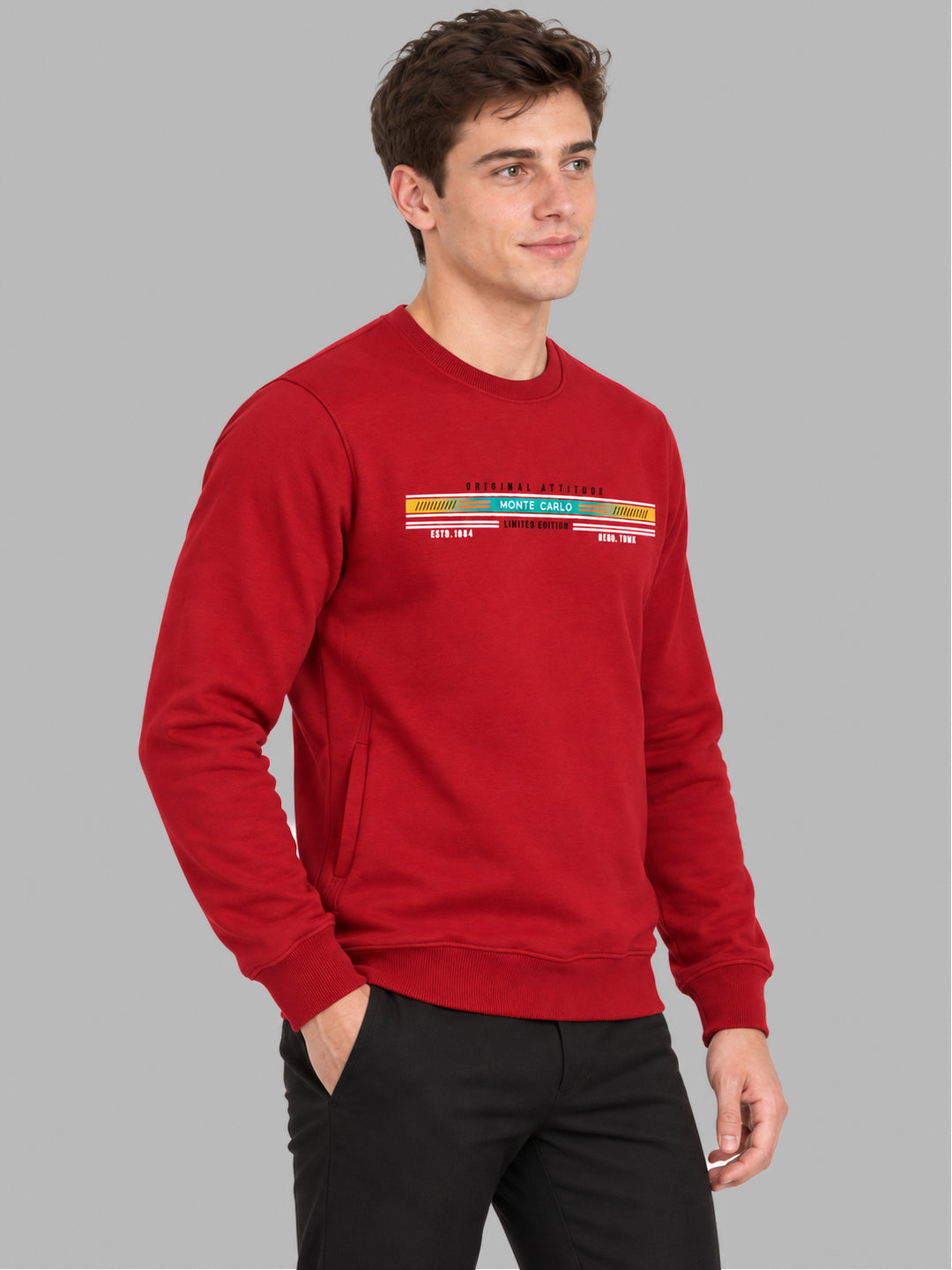 Men Red Solid Round Neck Full Sleeve Sweatshirt