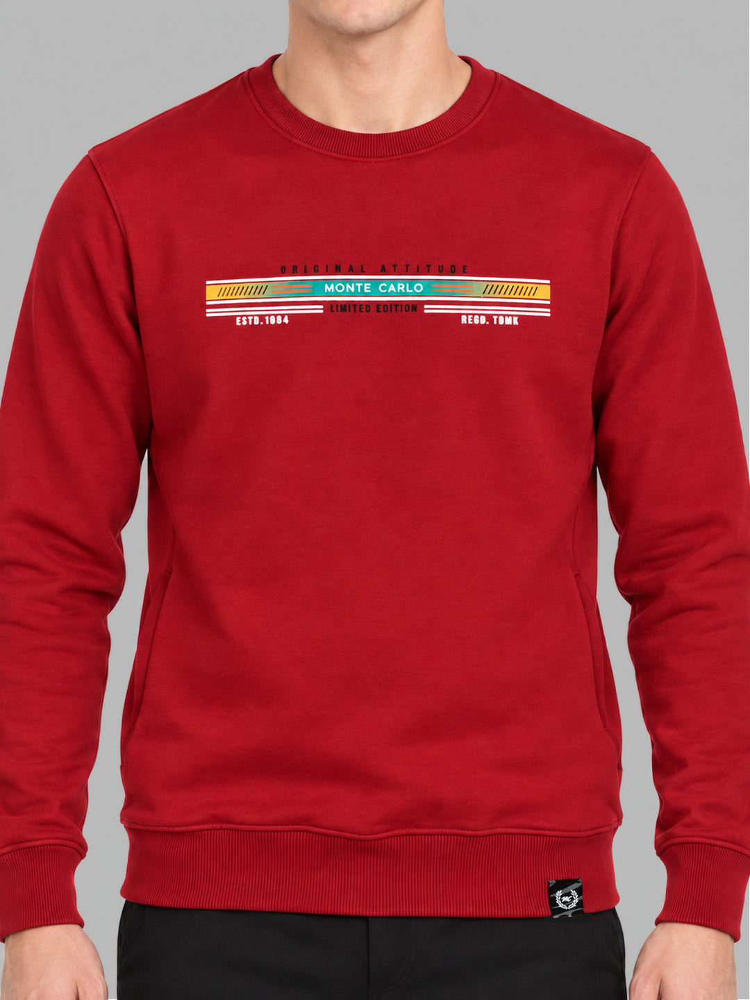 Men Red Solid Round Neck Full Sleeve Sweatshirt