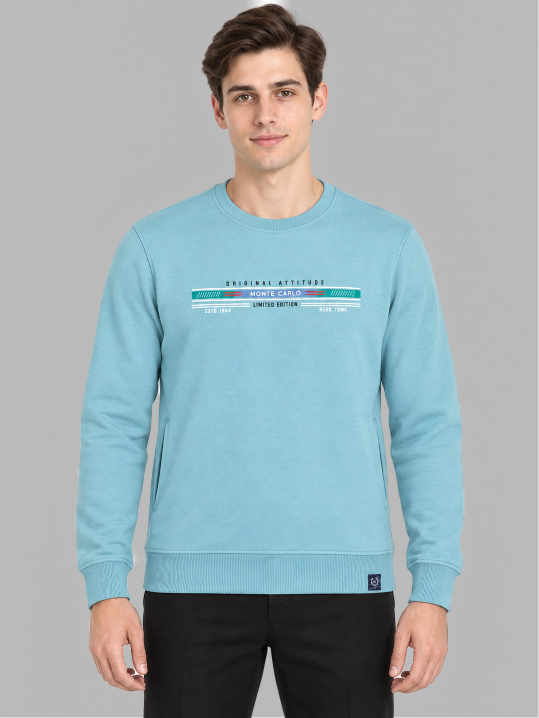 Men Sky Blue Solid Round Neck Full Sleeve Sweatshirt
