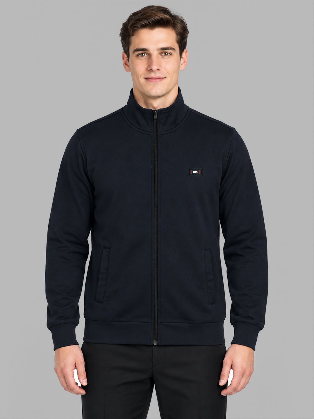 Men Navy Blue Solid Stand Collar Full Sleeve Sweatshirt