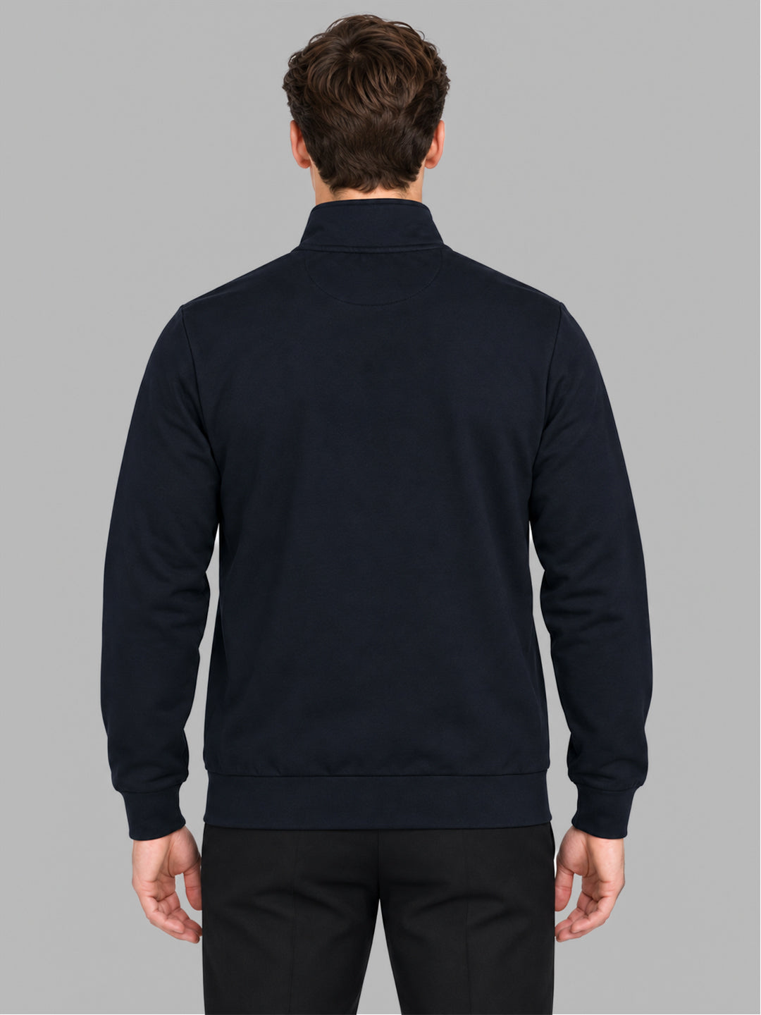 Men Navy Blue Solid Stand Collar Full Sleeve Sweatshirt