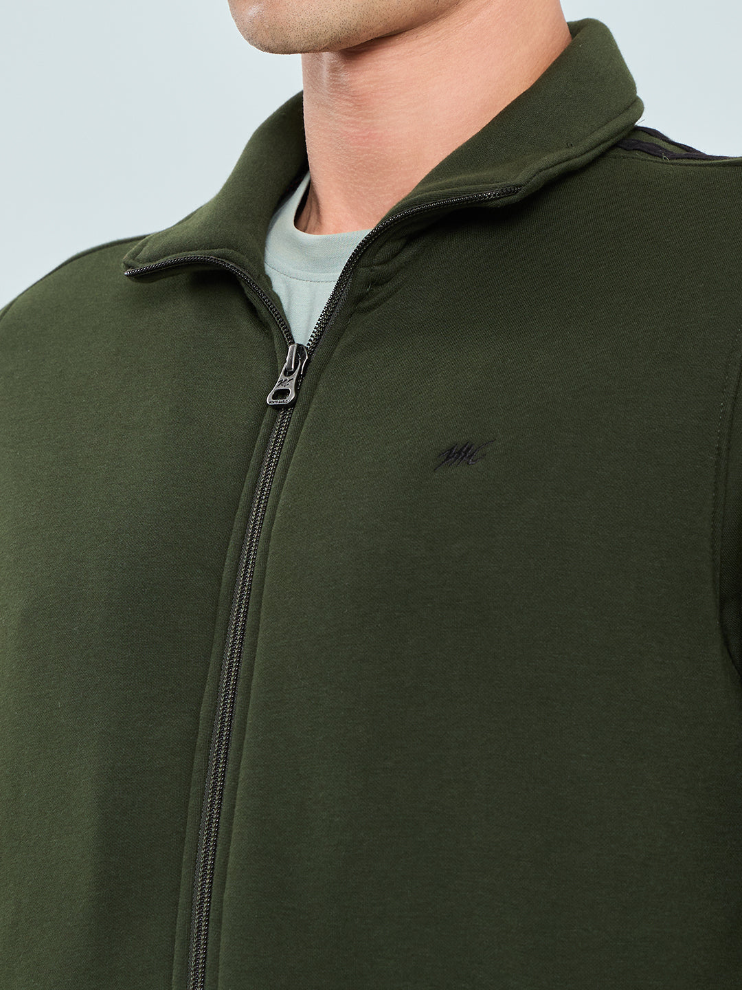 Men Olive Solid Collar Full Sleeve Winter Tracksuit