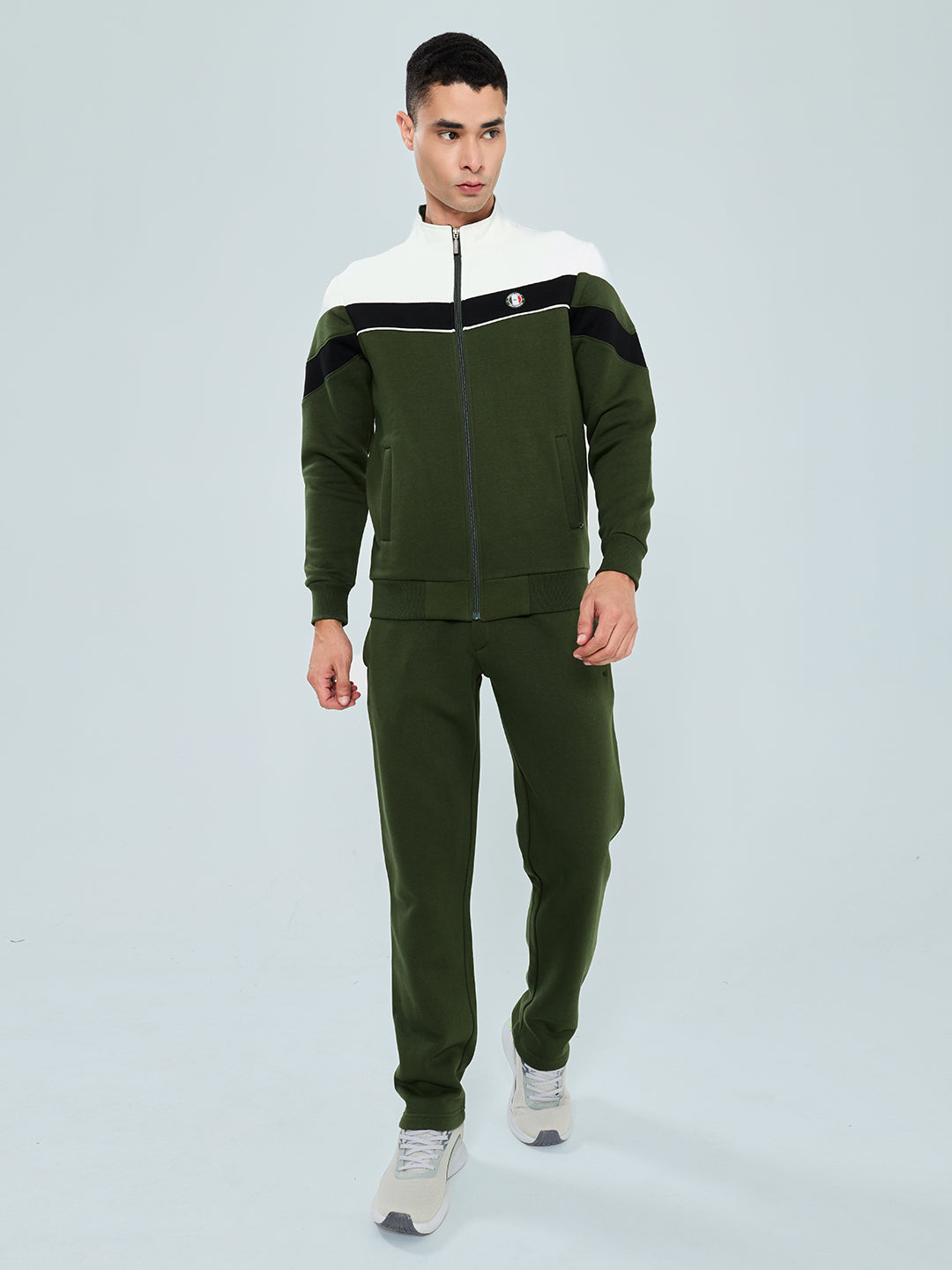 Men Olive Solid Collar Full Sleeve Winter Tracksuit