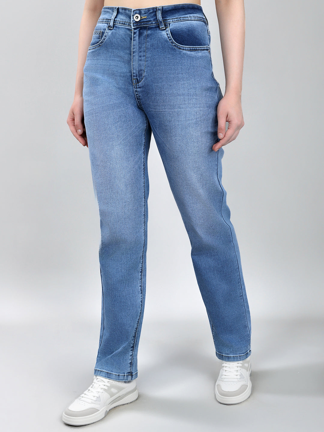 Women Light Blue Solid Straight Fit Denim