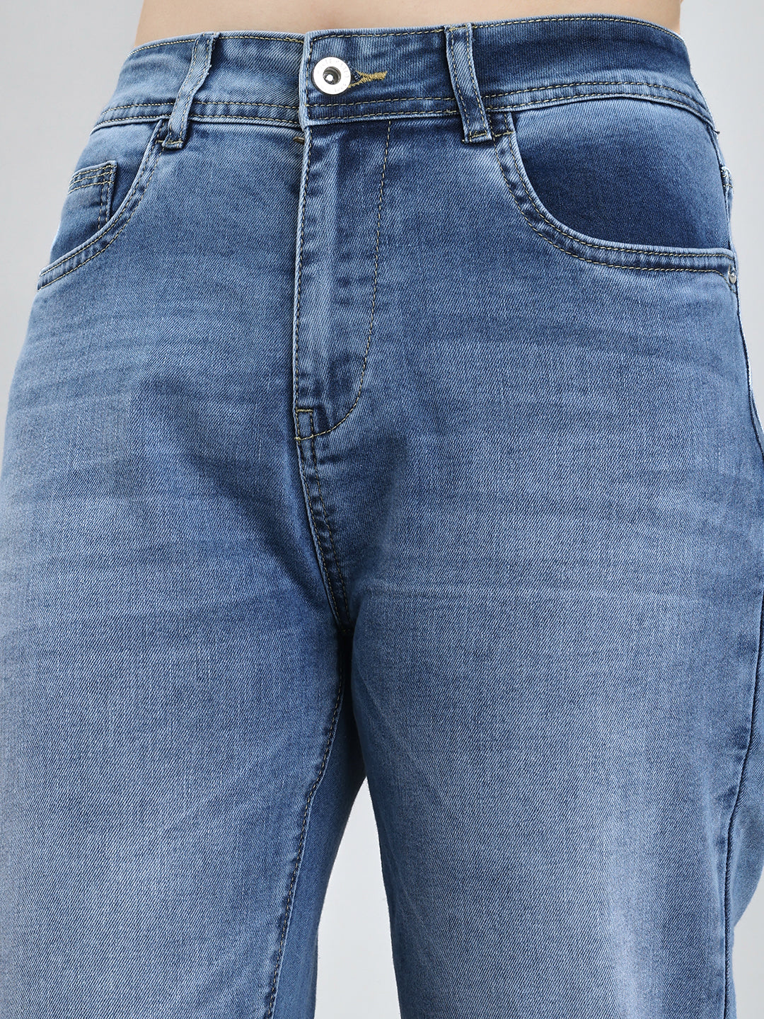 Women Light Blue Solid Straight Fit Denim
