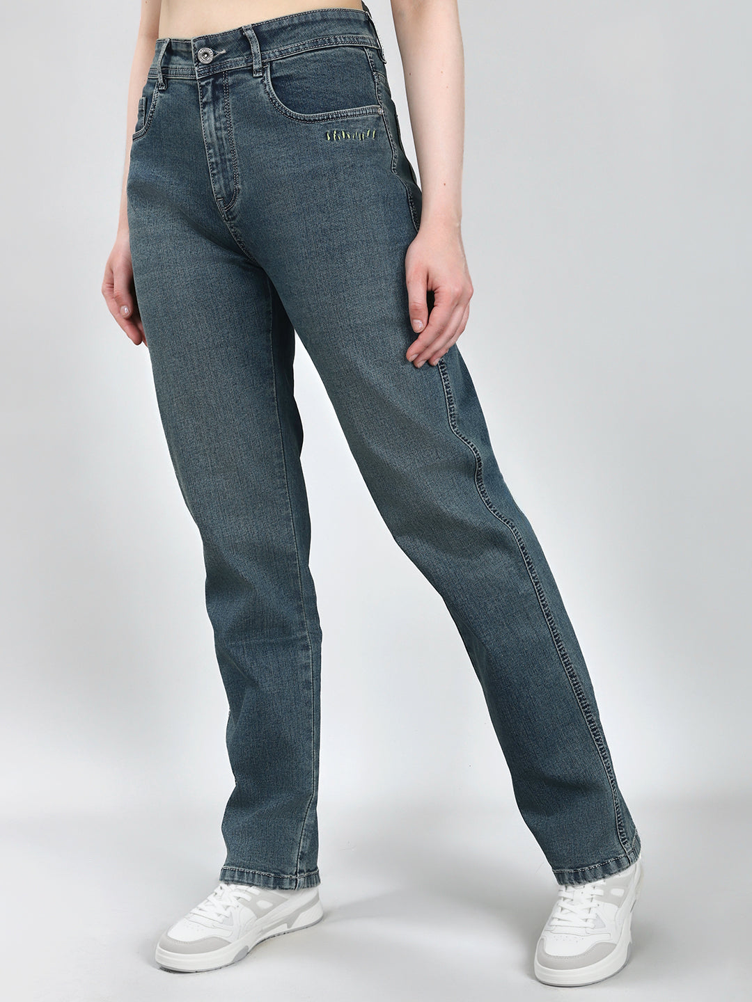 Women Blue Solid Straight Fit Denim