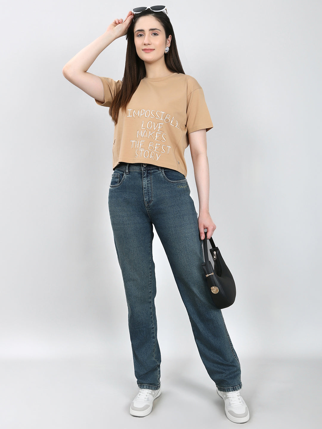 Women Blue Solid Straight Fit Denim
