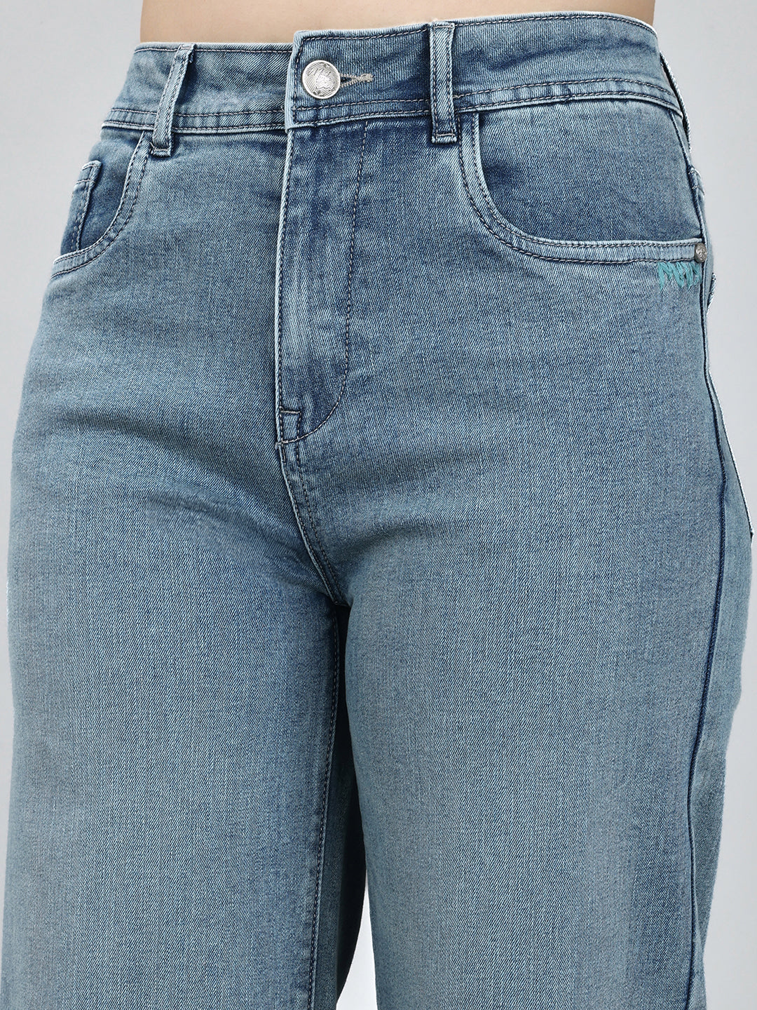 Women Blue Solid Regular Fit Denim