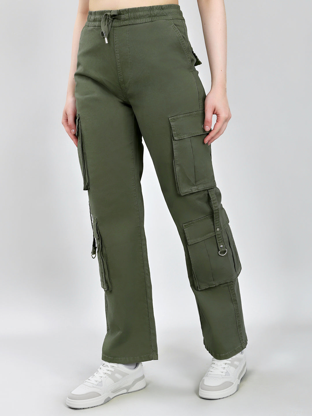 Women Olive Solid Straight Fit Cargo
