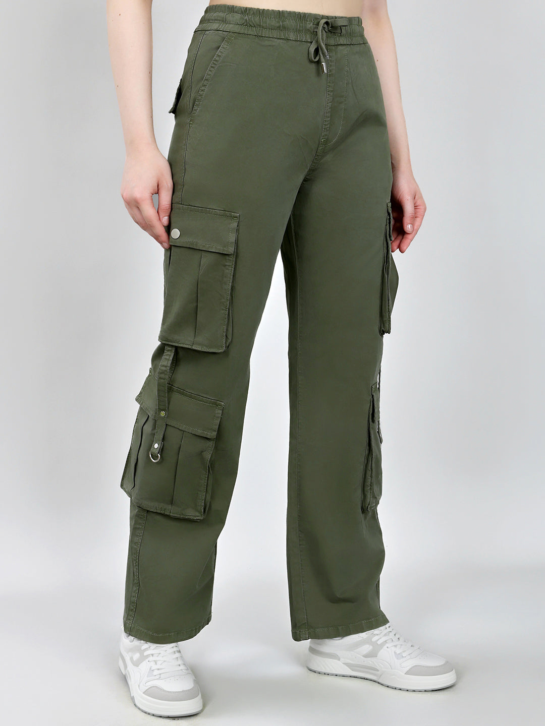 Women Olive Solid Straight Fit Cargo