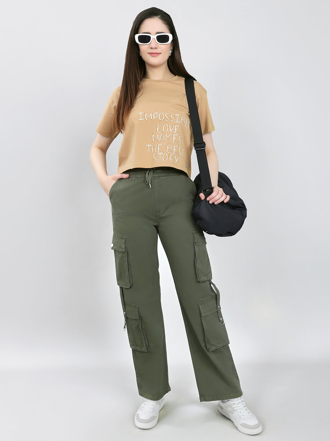 Women Olive Solid Straight Fit Cargo