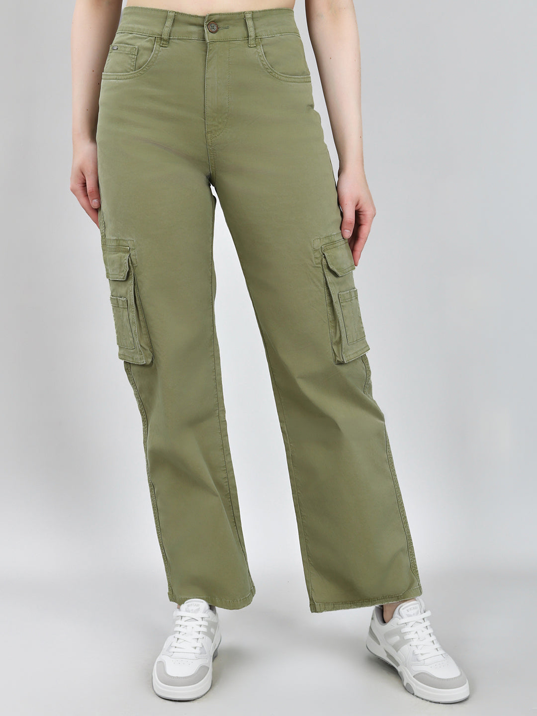 Women Olive Solid Straight Fit Cargo