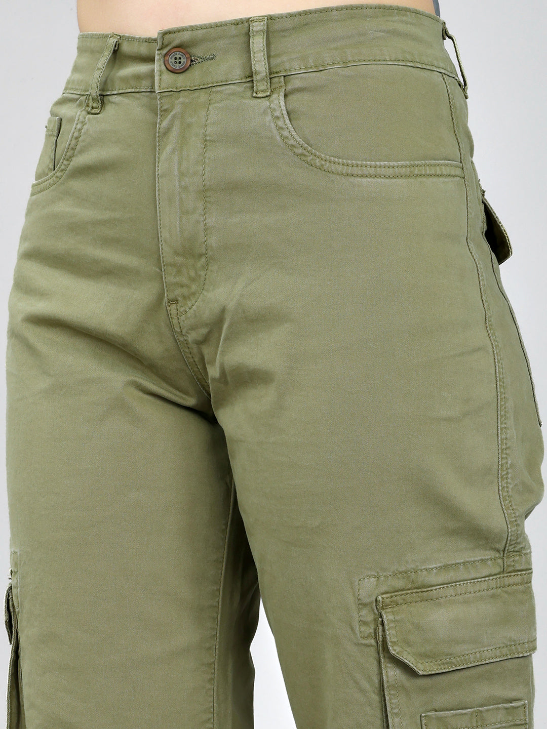 Women Olive Solid Straight Fit Cargo