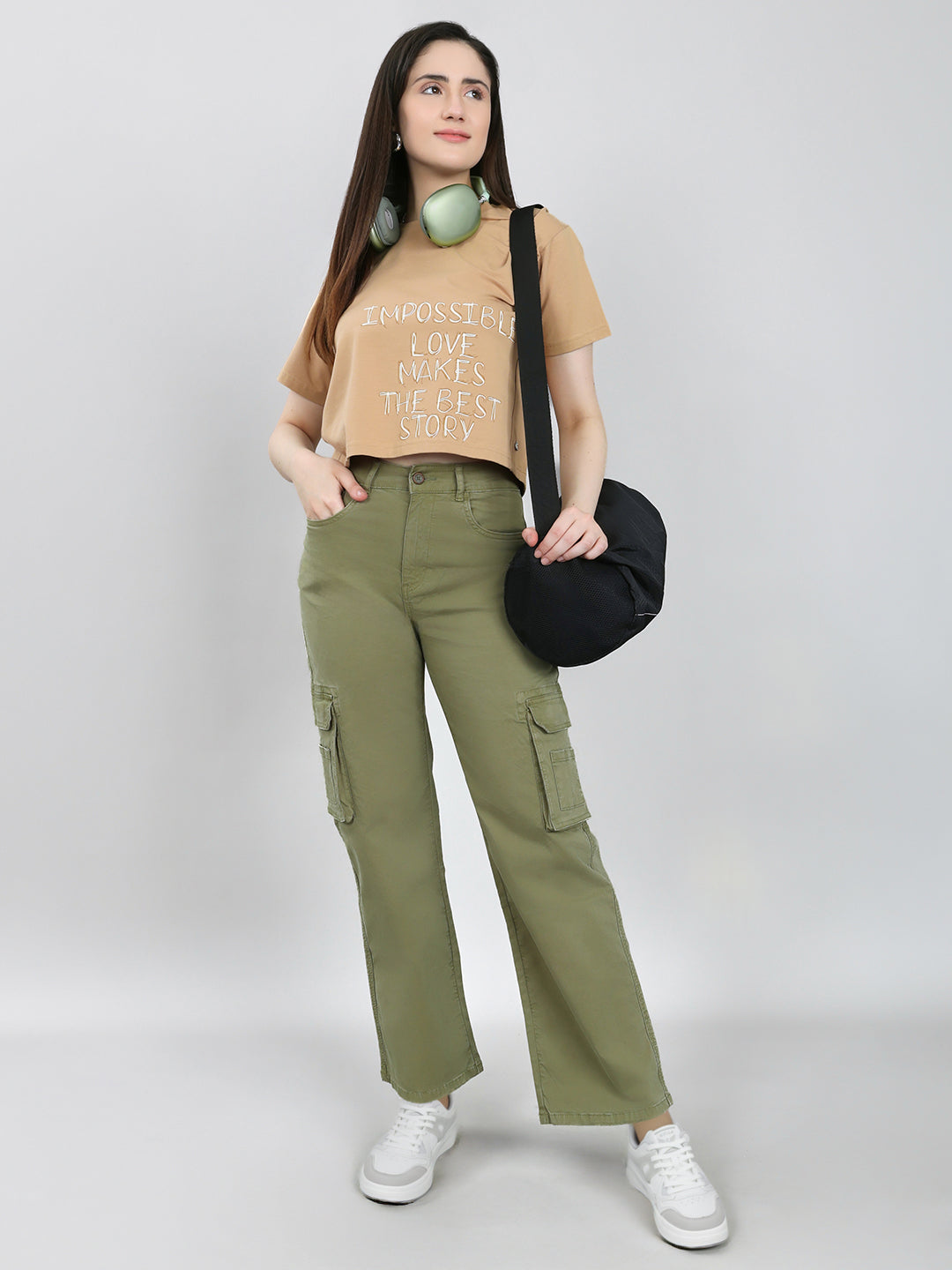 Women Olive Solid Straight Fit Cargo