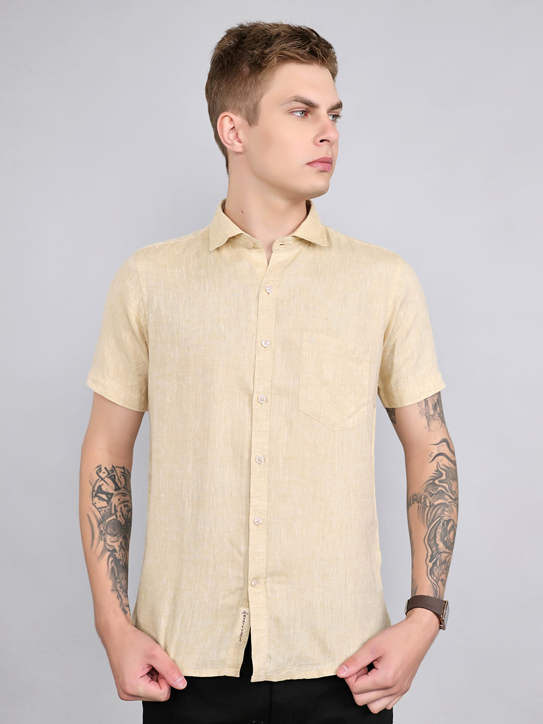Men Beige Solid Collar Half Sleeve Shirt