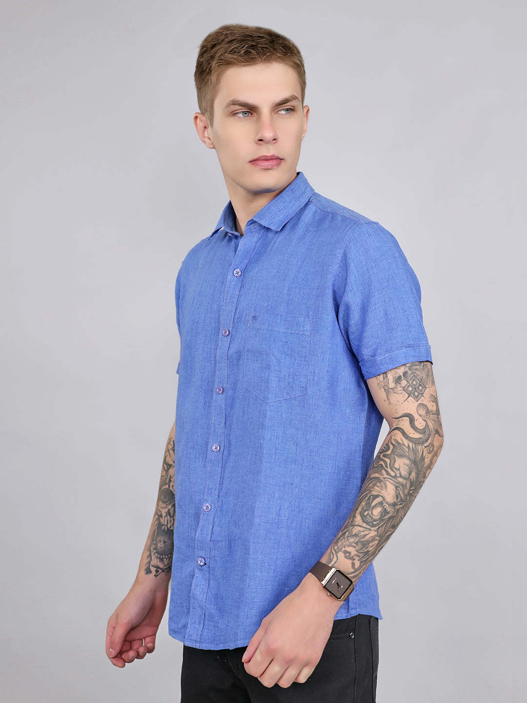 Men Blue Solid Collar Half Sleeve Shirt