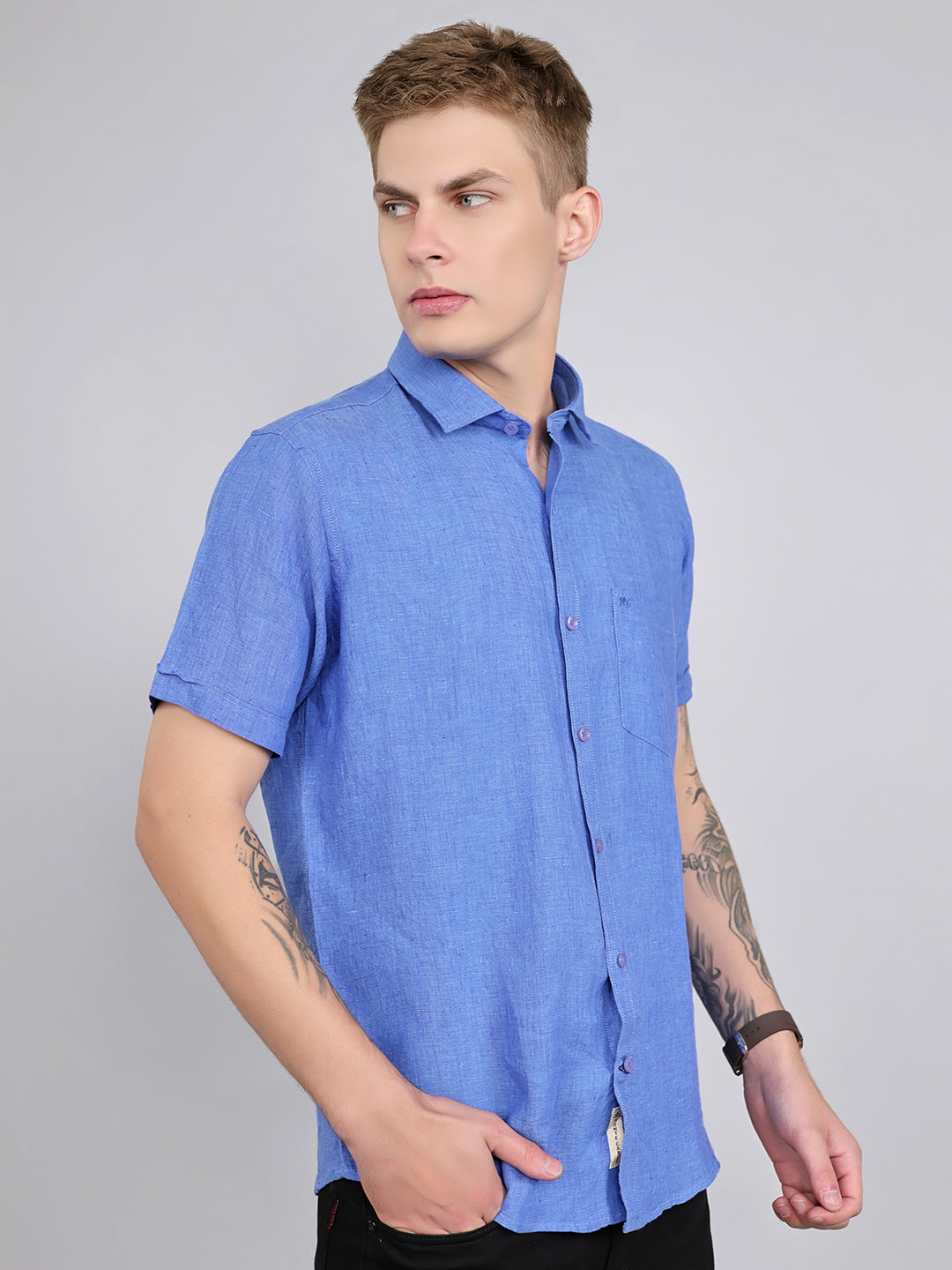 Men Blue Solid Collar Half Sleeve Shirt