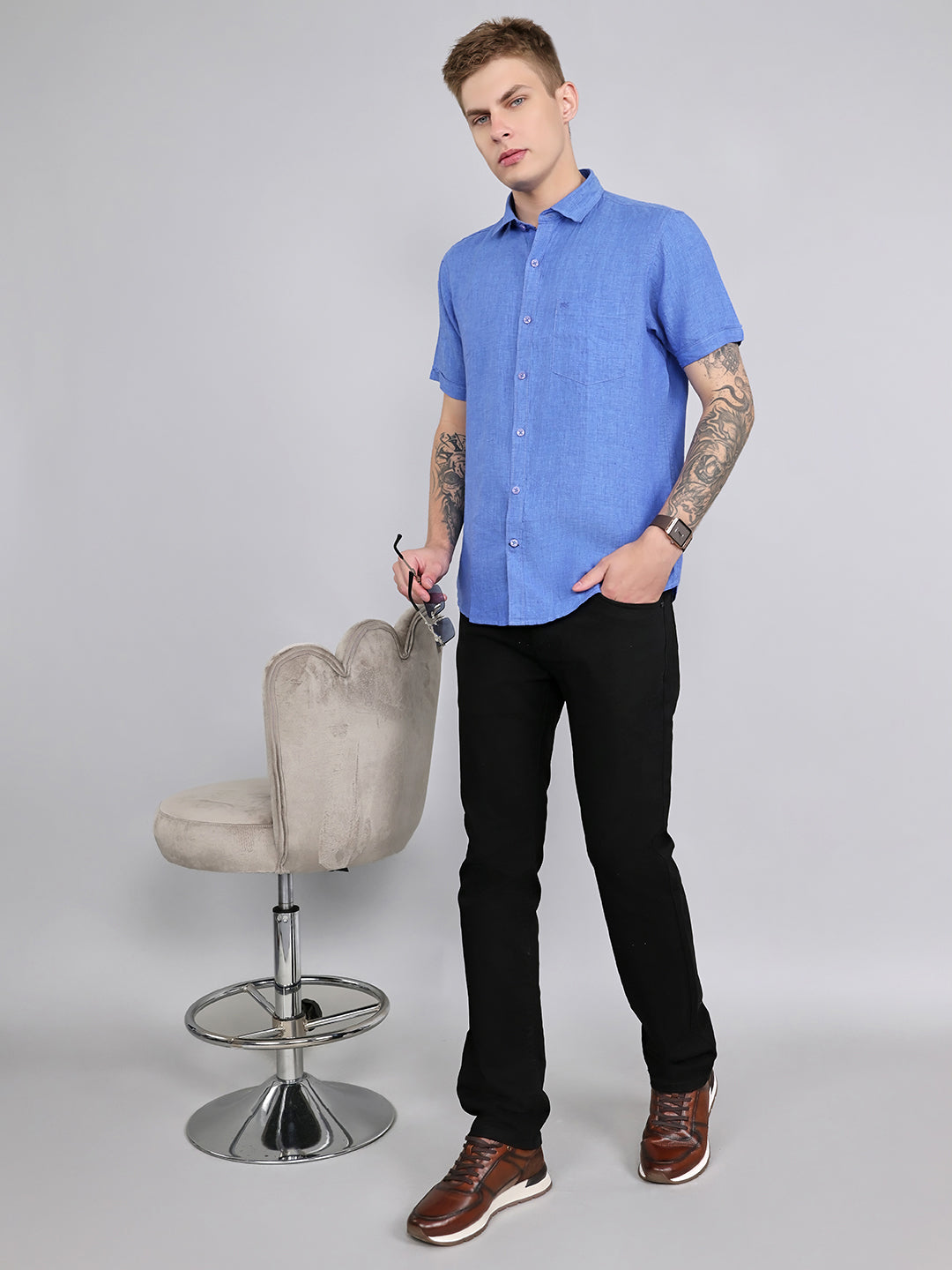 Men Blue Solid Collar Half Sleeve Shirt