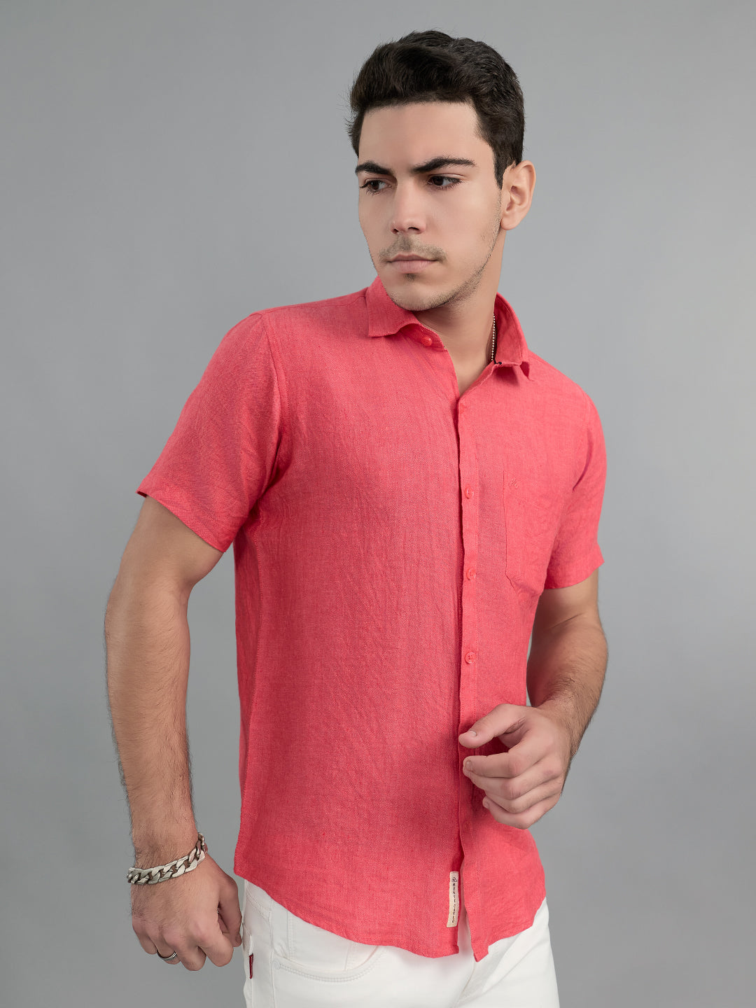 Men Coral Solid Collar Half Sleeve Shirt