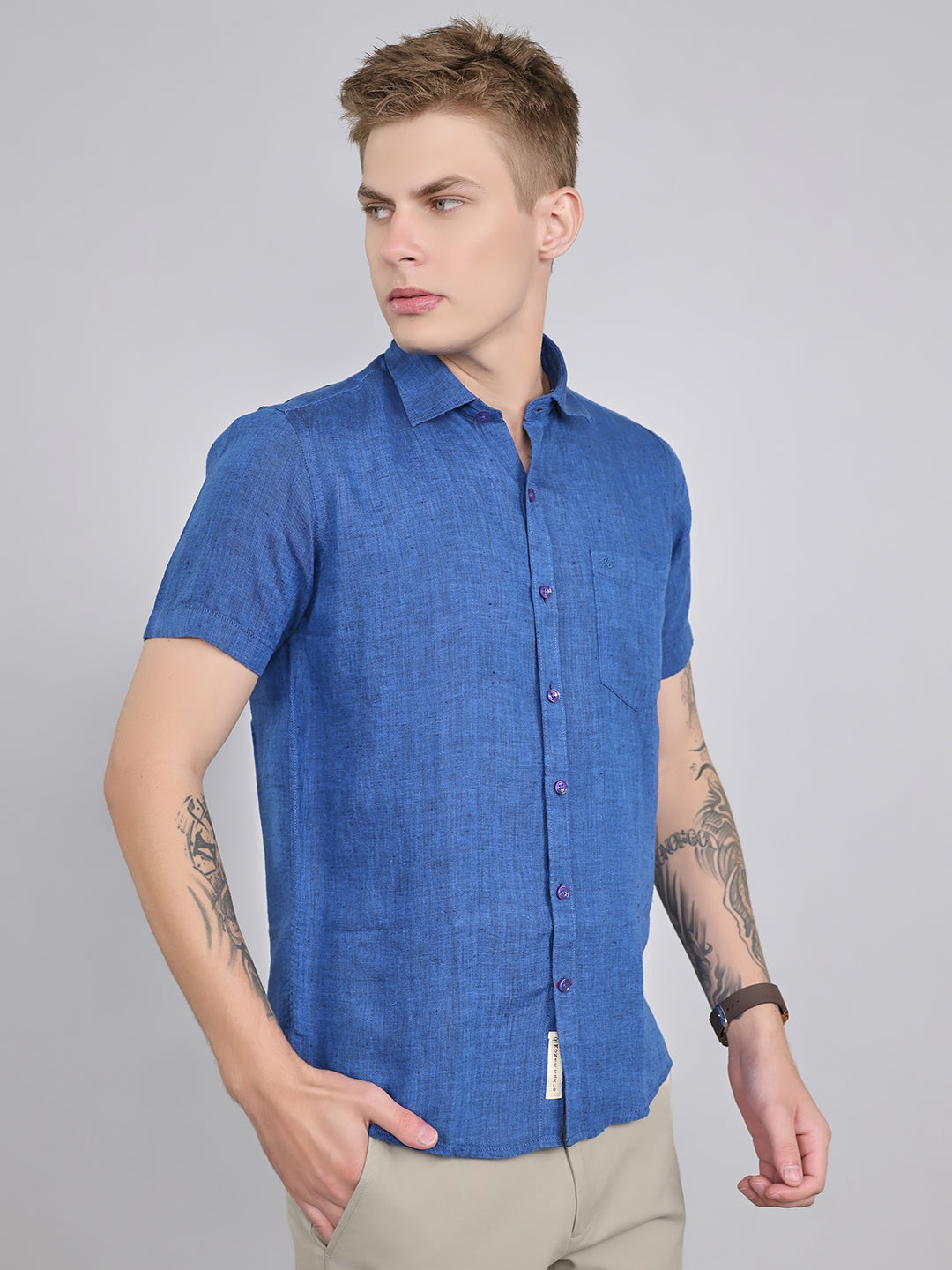 Men Navy Blue Solid Collar Half Sleeve Shirt