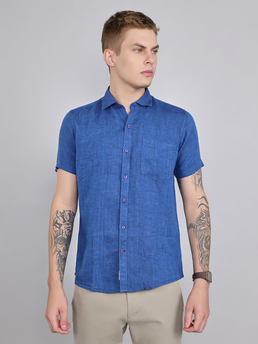 Men Navy Blue Solid Collar Half Sleeve Shirt