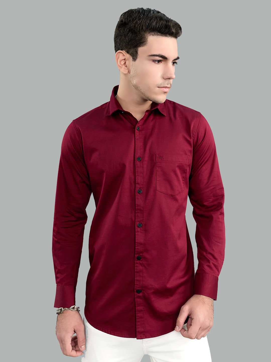 Men Maroon Solid Collar Full Sleeve Shirt