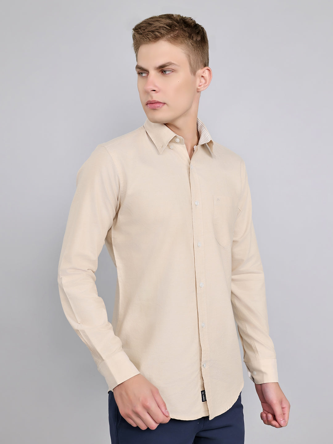 Men Beige Solid Collar Full Sleeve Shirt