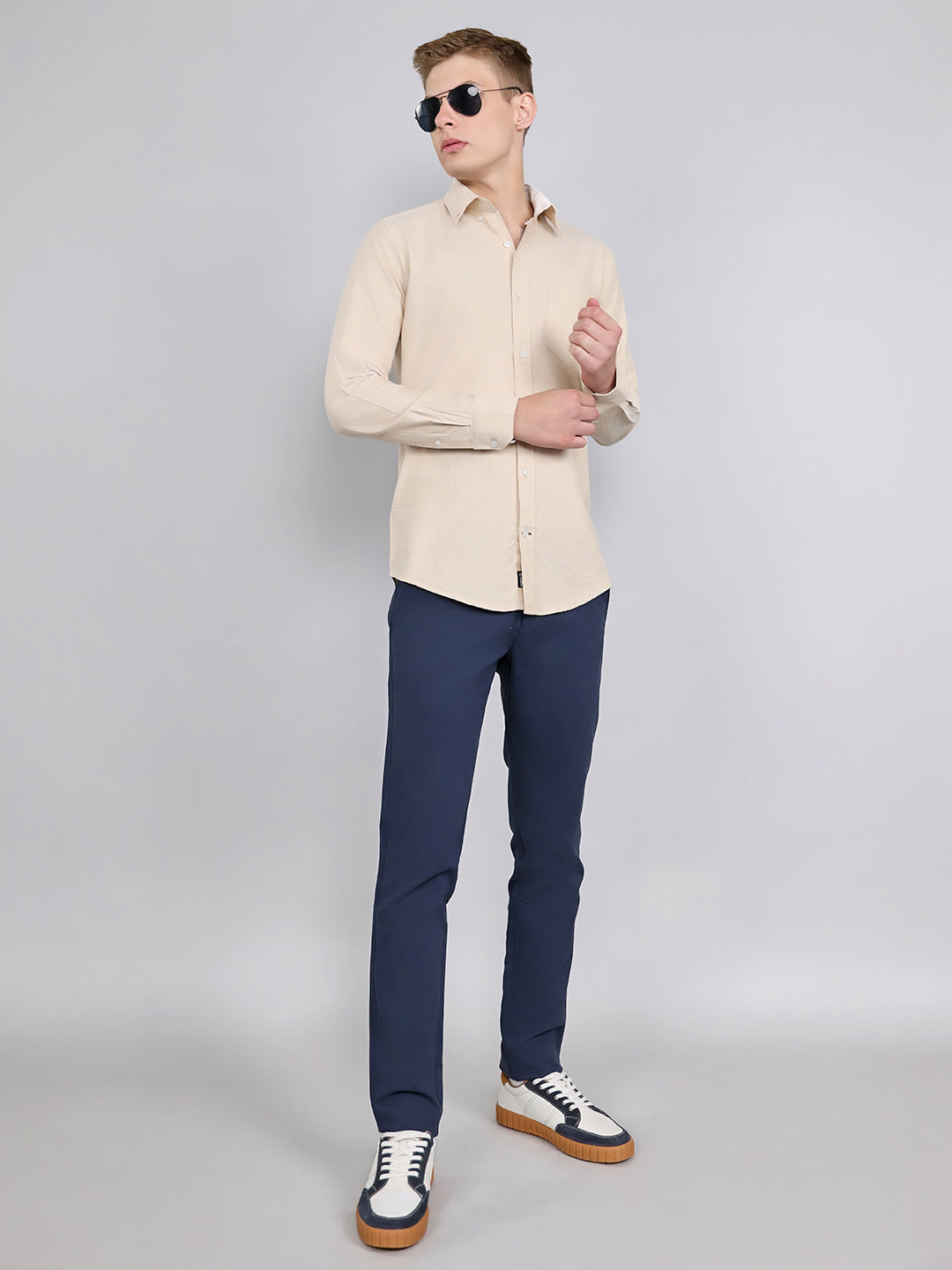 Men Beige Solid Collar Full Sleeve Shirt