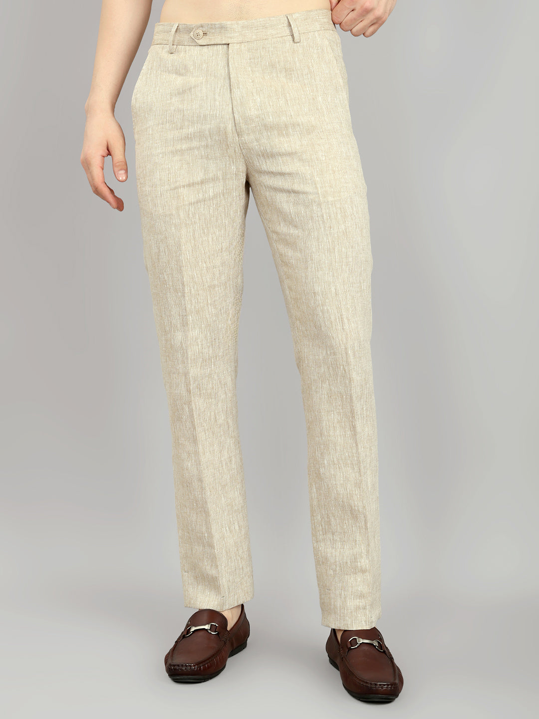 Men Khaki Solid Regular Fit Trouser