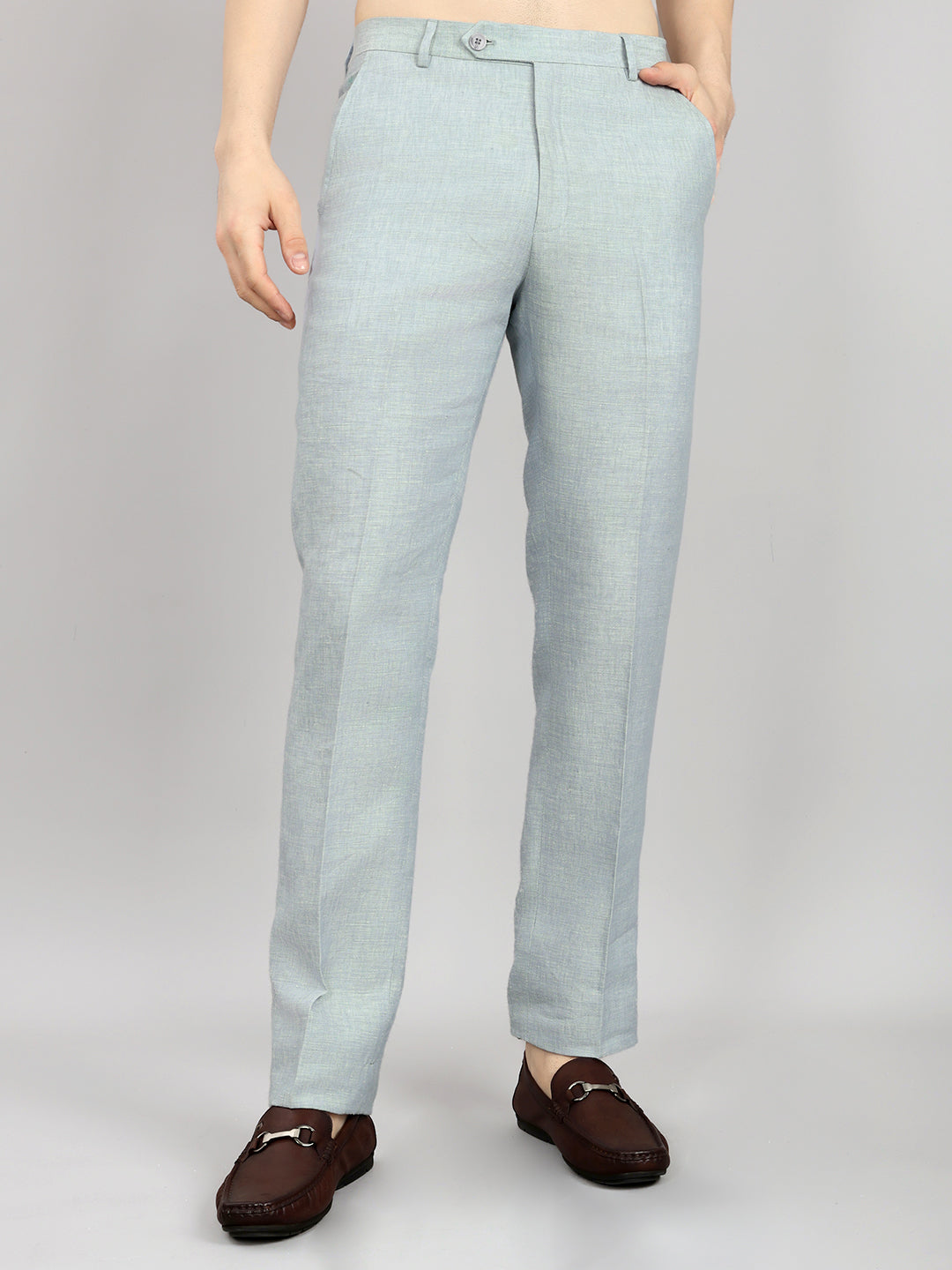 Men Light Blue Solid Regular Fit Trouser