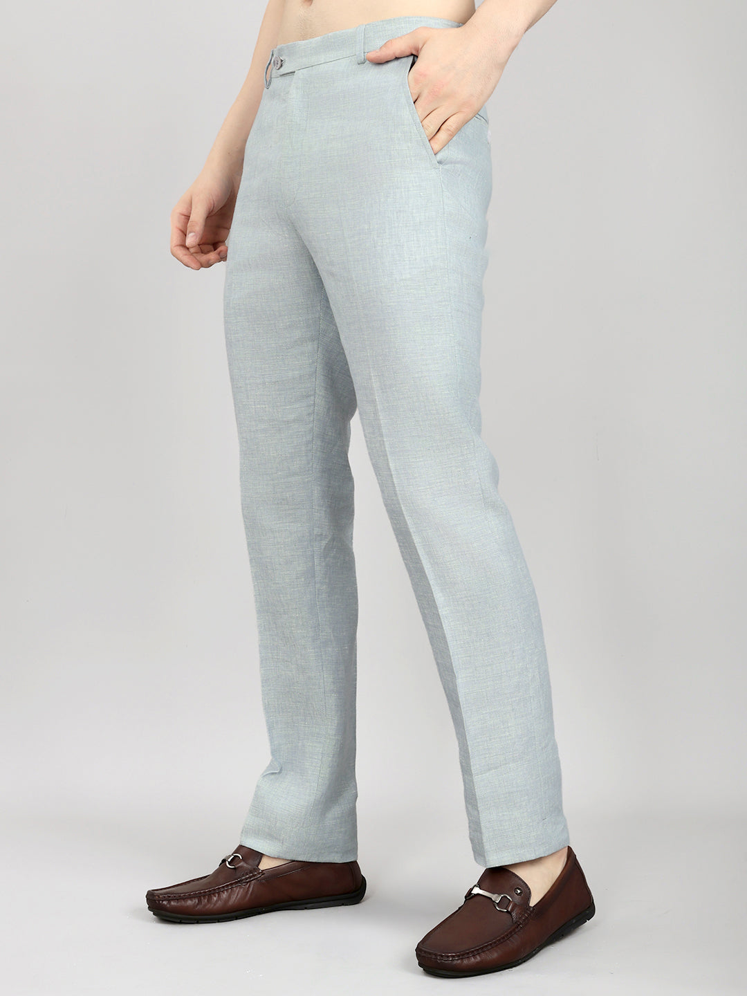 Men Light Blue Solid Regular Fit Trouser
