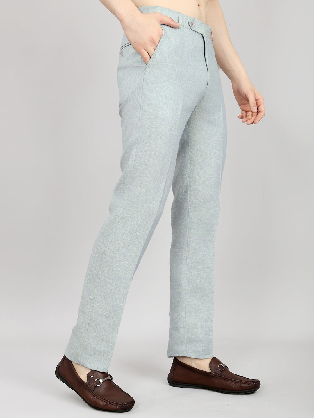 Men Light Blue Solid Regular Fit Trouser