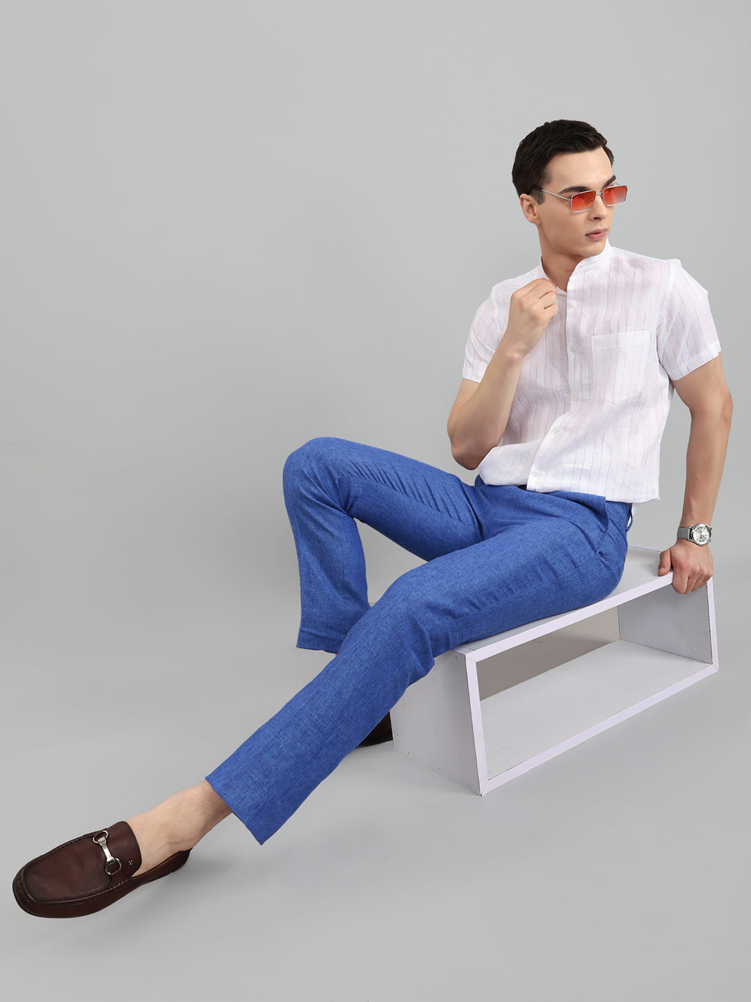 Men Royal Blue Melange Regular Fit Trouser